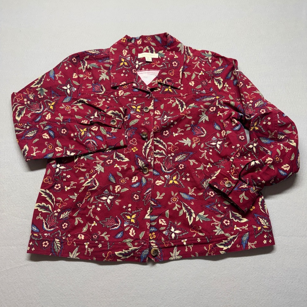 Appleseeds Womens XL Burgundy Floral Cotton Canvas Button Front Jacket A01642